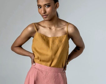 Size: S/M. Ready to ship Square-neck linen tank top, spaghetti-strap linen top, linen camisole, summer top, sleeveless top for women SORBET
