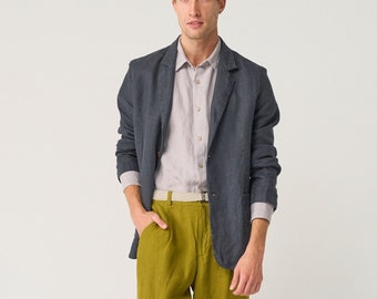 Buttoned linen jacket for men with no lining, heavy linen blazer with pockets TONY