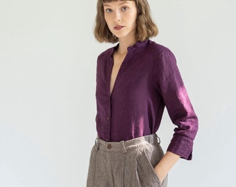 V-neck light-linen shirt with 3/4 sleeves, button-down linen shirt, casual linen blouse, summer linen top, simple linen shirt SAVOR