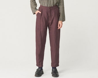 Sizes: S, M; Ready to ship High waist linen pants for women, wide leg pants, tapered pants, organic linen trousers PLUM