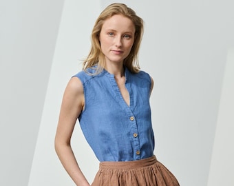 Sizes: XS/S, S/M. Ready to ship V-neck sleeveless linen shirt, button-down linen shirt, casual linen shirt, summer linen top, DUSK