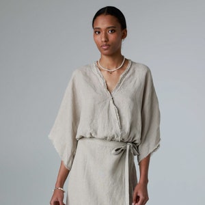 Raw-edge linen top with kimono sleeves, linen wrap top with elastic waist, V-neck linen blouse for women, fashionable summer top NIDA