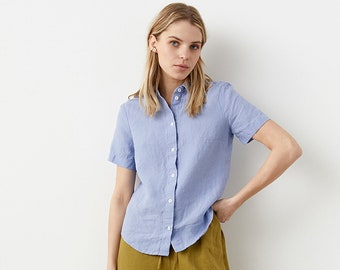 Short sleeve linen top with a classic collar, button-down linen shirt for women, business casual linen shirt, work-from-home shirt LILLE