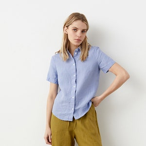 Short sleeve linen top with a classic collar, button-down linen shirt for women, business casual linen shirt, work-from-home shirt LILLE