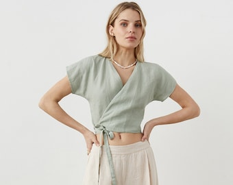 Linen crop top, linen wrap top, V-neck linen blouse, linen kimono top, linen blouse, linen wrap blouse, linen shirt women DECISION