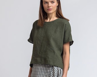 Loose-fit linen blouse, oversized linen top with short sleeves, basic linen tee with boat neck, kimono-sleeve top SAIL
