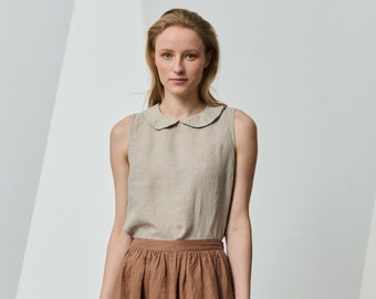 Sleeveless linen blouse with round Peter Pan collar, retro-look linen blouse with side slits, linen top for women EMMA