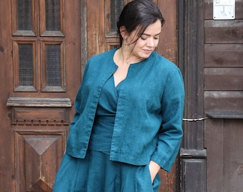 Short linen jacket with 3/4 sleeves, crop linen jacket, linen cardigan with round neckline, casual linen jacket, linen summer jacket COCO