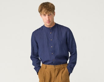 Linen shirt with thin band collar, full-sleeve linen top for men, unisex buttoned shirt BUTTER