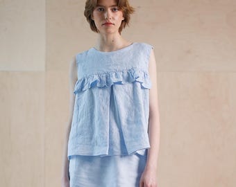 Ruffled linen blouse with a deep central pleat, Crew-neck Linen blouse, Sleeveless linen top with a flared A-line silhouette OPAL