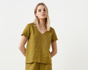 V-neck linen top with short sleeves, linen t-shirt for summer, simple linen blouse for women, basic linen tee OAT