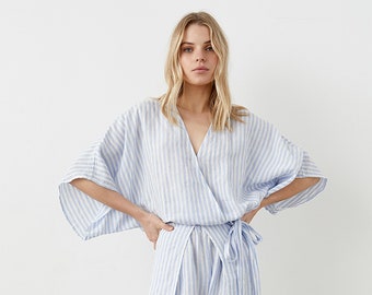 Size: M. Ready to ship Wrap linen top with kimono sleeves, loose-fit linen top, V-neck linen top with elastic waist, kimono blouse, MOCHI