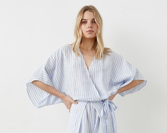 Wrap linen top with kimono sleeves, loose-fit linen top, V-neck linen top with elastic waist, linen kimono blouse, fashionable blouse MOCHI