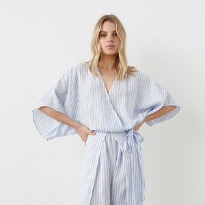 Wrap linen top with kimono sleeves, loose-fit linen top, V-neck linen top with elastic waist, linen kimono blouse, fashionable blouse MOCHI