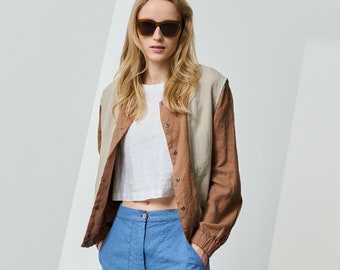 Linen bomber with band collar, bomber jacket with pockets, linen jacket for women POWER