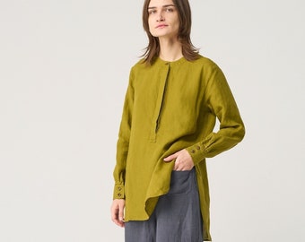 Loose-fit linen shirt with hidden button placket, drop-shoulder linen top with deep slits, button-up linen shirt for women PHI