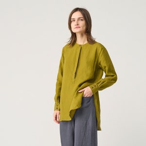 Loose-fit linen shirt with hidden button placket, drop-shoulder linen top with deep slits, button-up linen shirt for women PHI
