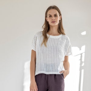 Loose-fit linen blouse, oversized linen top with short sleeves, basic linen tee with boat neck, kimono-sleeve top SAIL