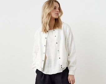 Linen bomber with band collar, bomber jacket with pockets, linen jacket for women POWER