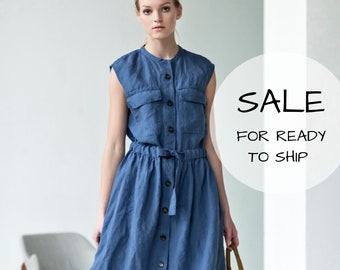 Size: XS/S; Ready-to-ship Elegant linen dress, midi dress, safari dress