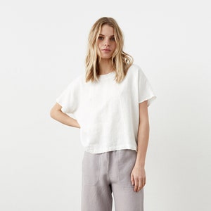 Oversized linen blouse with short sleeves, loose-fit linen blouse, basic linen tee with boat neck, linen t-shirt for women SAIL image 1