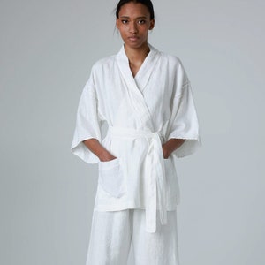 Linen kimono jacket with raw-edge details, linen jacket for women with kimono sleeves FUDO image 1