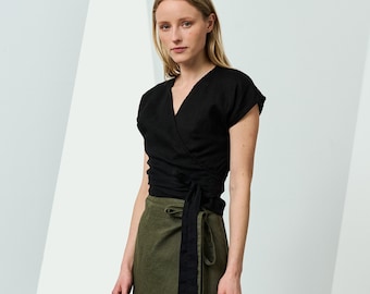 Linen wrap top with short sleeves, linen crop blouse, V-neck linen blouse with laces, fitted linen top, fashionable blouse NIGHTFALL