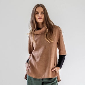 Rollkragen Leinentop, Drop-Shoulder Leinenbluse, Leinentop mit seitlichen Schlitzen, Plissee Leinenbluse, modische Leinenbluse ÉCLAIR