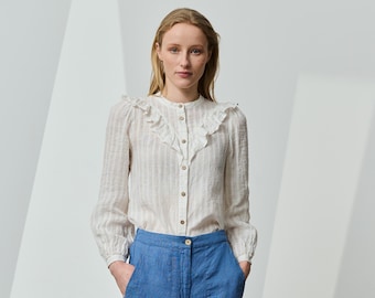 Blusa vittoriana in lino con balze a V, blusa con maniche a sbuffo, blusa in lino abbottonata, blusa in lino alla moda, blusa in lino aderente BETH