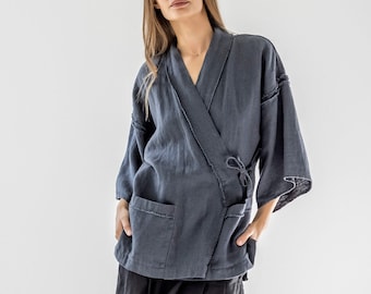 Heavy linen haori, jacket with raw edge, fringe detail, tie-string linen jacket, linen kimono, linen jacket women YOI