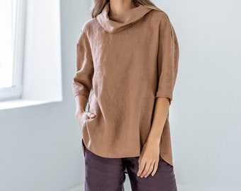 Size: S; Ready to ship Roll neck linen top, funnel neck blouse, linen turtleneck top, long sleeve linen shirt with slits ECLAIR
