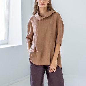 Roll neck linen top, drop-shoulder linen blouse, linen top with side slits, pleated linen blouse, fashionable linen blouse ÉCLAIR