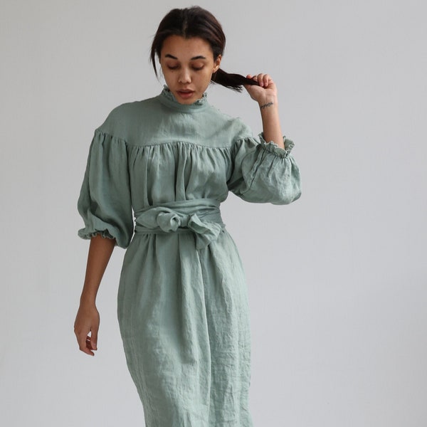 Elegant linen ruffle dress, long sleeve linen dress, puffy sleeve regency dress, ruffle neck dress, summer dress, romantic dress OFELIA