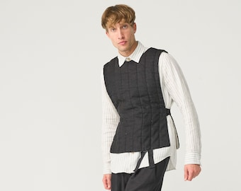 Quilted vest for men, unisex linen vest, padded utility vest, tie-string patchwork top LINO