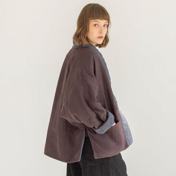 Quilted linen jacket, linen kimono robe with pockets, wrap jacket, reversible jacket, quilted coat, oversize cardigan, warm jacket SAPPORO