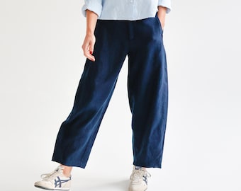 Pantalones de lino barril con bolsillos, pantalones cónicos de lino grueso con cintura elástica, pantalones de lino holgados hechos a mano, pantalones de cintura alta HABI