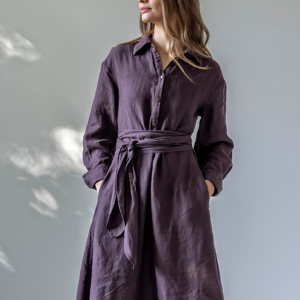 Flared linen shirtdress with puff sleeves, A-line front-buttoned linen dress with classic collar, maxi linen shirt dress with pockets NIGHT