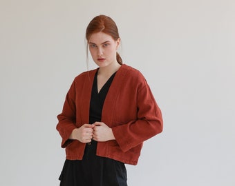 Talla: S. Listo para enviar. Chaqueta kimono de lino con bolsillos, chaqueta corta de lino, chaqueta de lino holgada para mujer, cárdigan kimono, cárdigan de lino TIME.