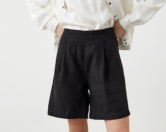 Pleated linen shorts for women, high rise shorts with pockets, elastic back bermuda shorts WALK