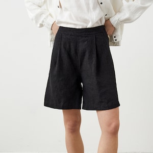 Pleated linen shorts for women, high rise shorts with pockets, elastic back bermuda shorts WALK image 1