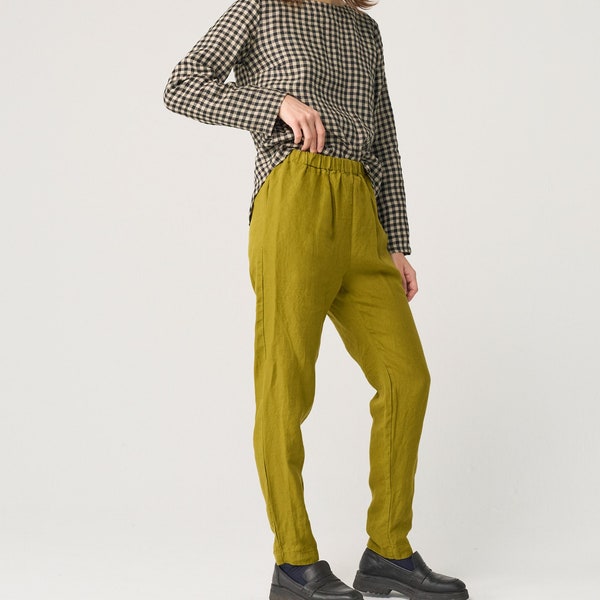 Tapered linen pants with pockets, long linen trousers, linen pants with elastic waist MILLENNIUM