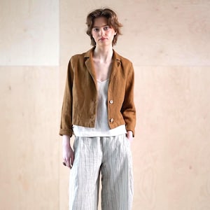 Chaqueta corta de lino con cuello de solapa, cárdigan corto de lino, chaqueta de manga larga, chaqueta de verano de lino, blazer de lino con botones MOCHA