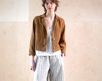 Crop linen jacket with lapel collar, short linen cardigan, jacket with long sleeves, linen summer jacket, linen button blazer MOCHA
