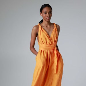 Maxi linen dress with open back and side slits, backless dress with belt and pockets ANGELINA