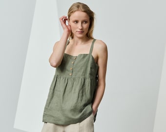 Ruffled light-linen blouse with spaghetti straps, linen cami, half-buttoned linen tank top, romantic linen camisole, vacation top FOLIAGE