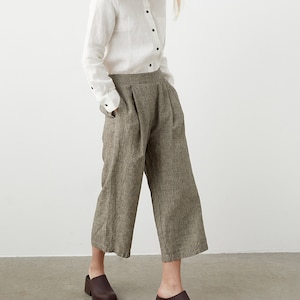 Linen culottes with pockets, wide leg palazzo pants, cropped linen trousers, pleated linen trousers LIME