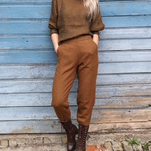 Heavy linen tapered pants with pockets, cropped linen trousers, linen pants for women LATTE image 6