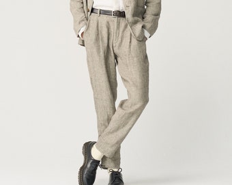 Tapered linen pants for men with zipper and elastic back, slightly pleated linen trousers NIKO