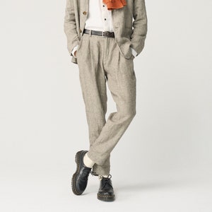 Tapered linen pants for men with zipper and elastic back, slightly pleated linen trousers NIKO image 1