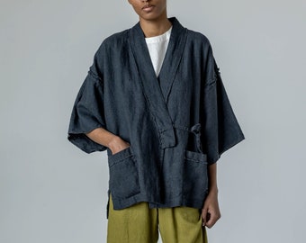 Heavy linen haori jacket with raw edge, tie-string linen jacket for women with kimono sleeves YOI